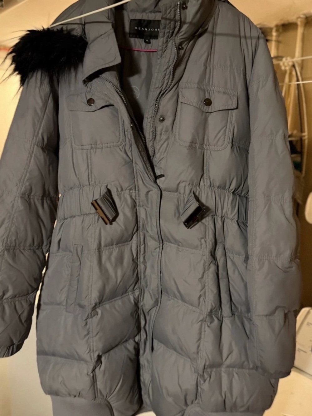Sean John Women's Light Gray Quilted Puffer Coat with Faux Fur Hood Trim